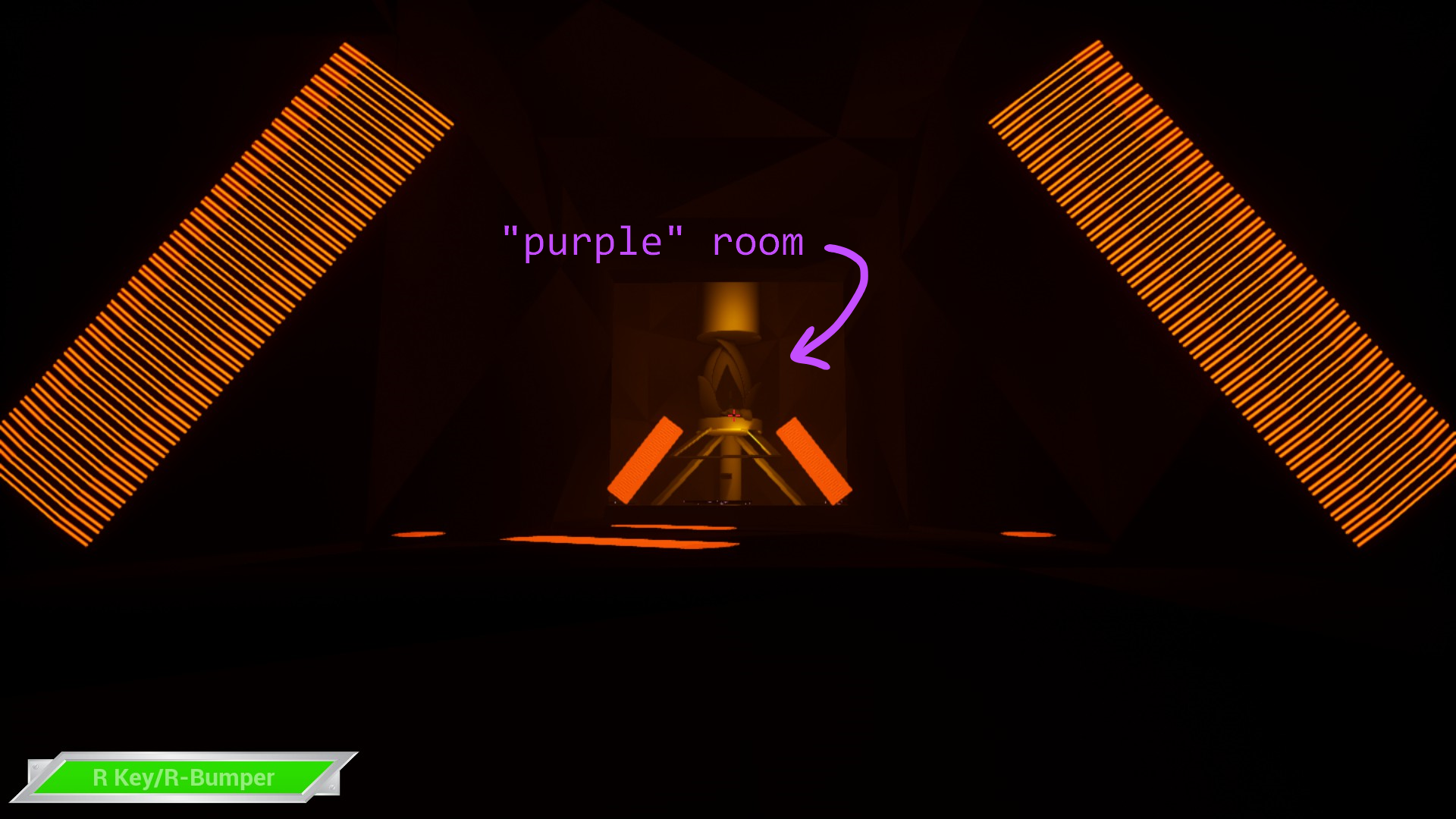 image of the path to the purple room, obscured by flat orange obstacles.